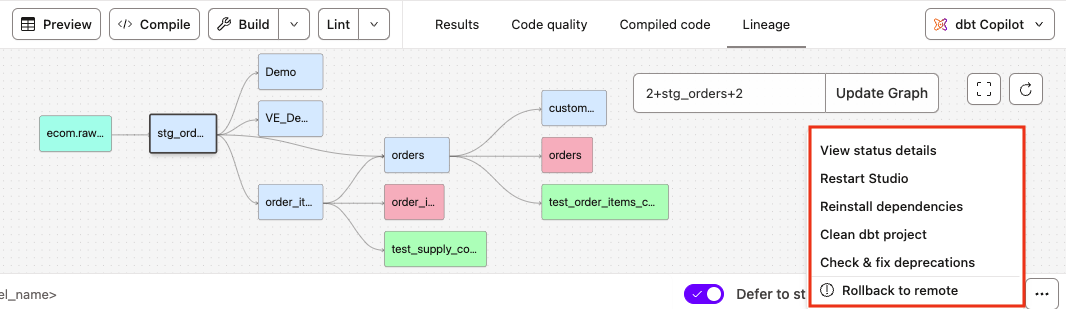 Access the IDE options menu to switch to dark or light mode, restart the IDE, rollback to remote, or view the IDE status Access the IDE options menu to switch to dark or light mode, restart the IDE, rollback to remote, or view the IDE status