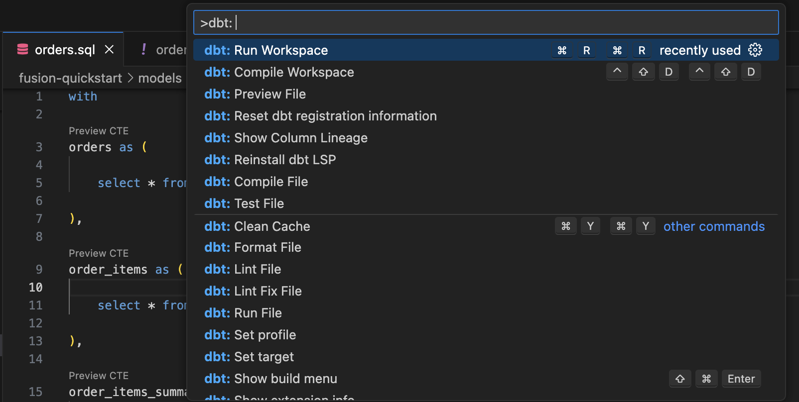 dbt commands in the command bar. dbt commands in the command bar.
